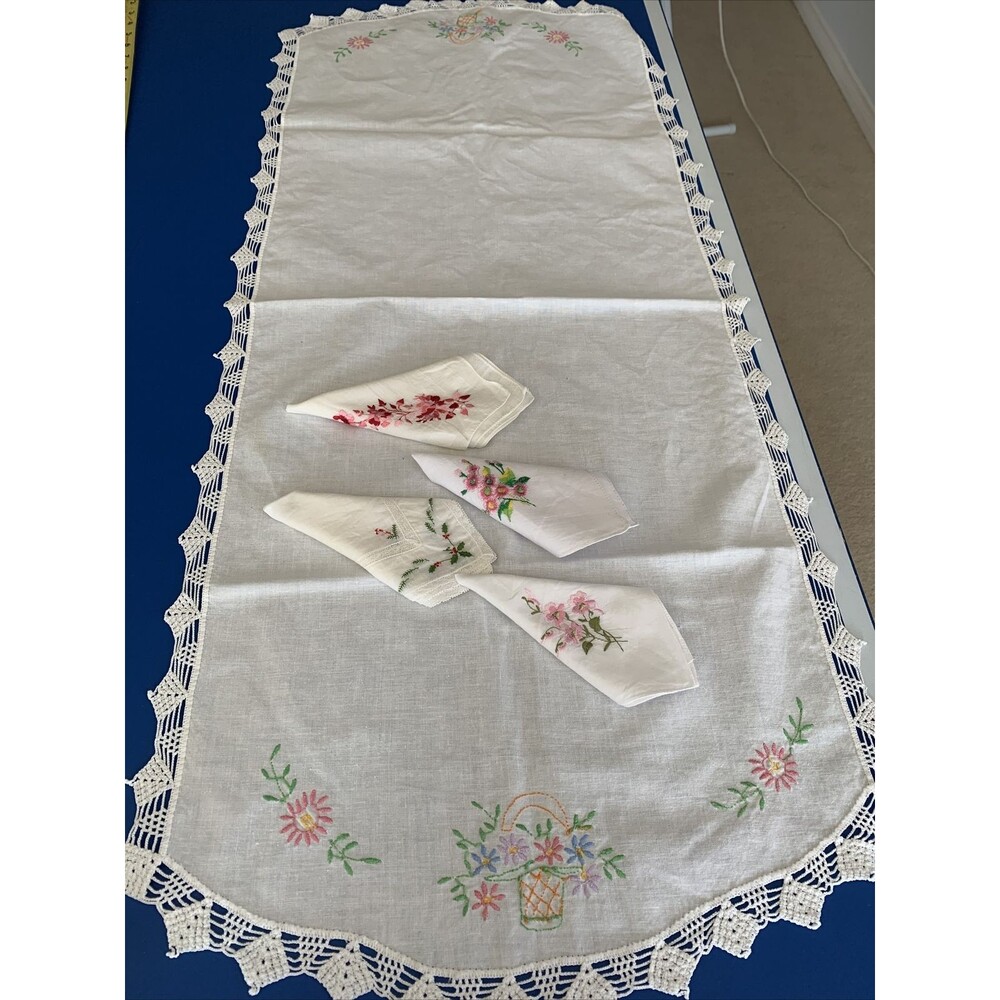 vintage hand embroidered table runners With 4 Tea Napkins.